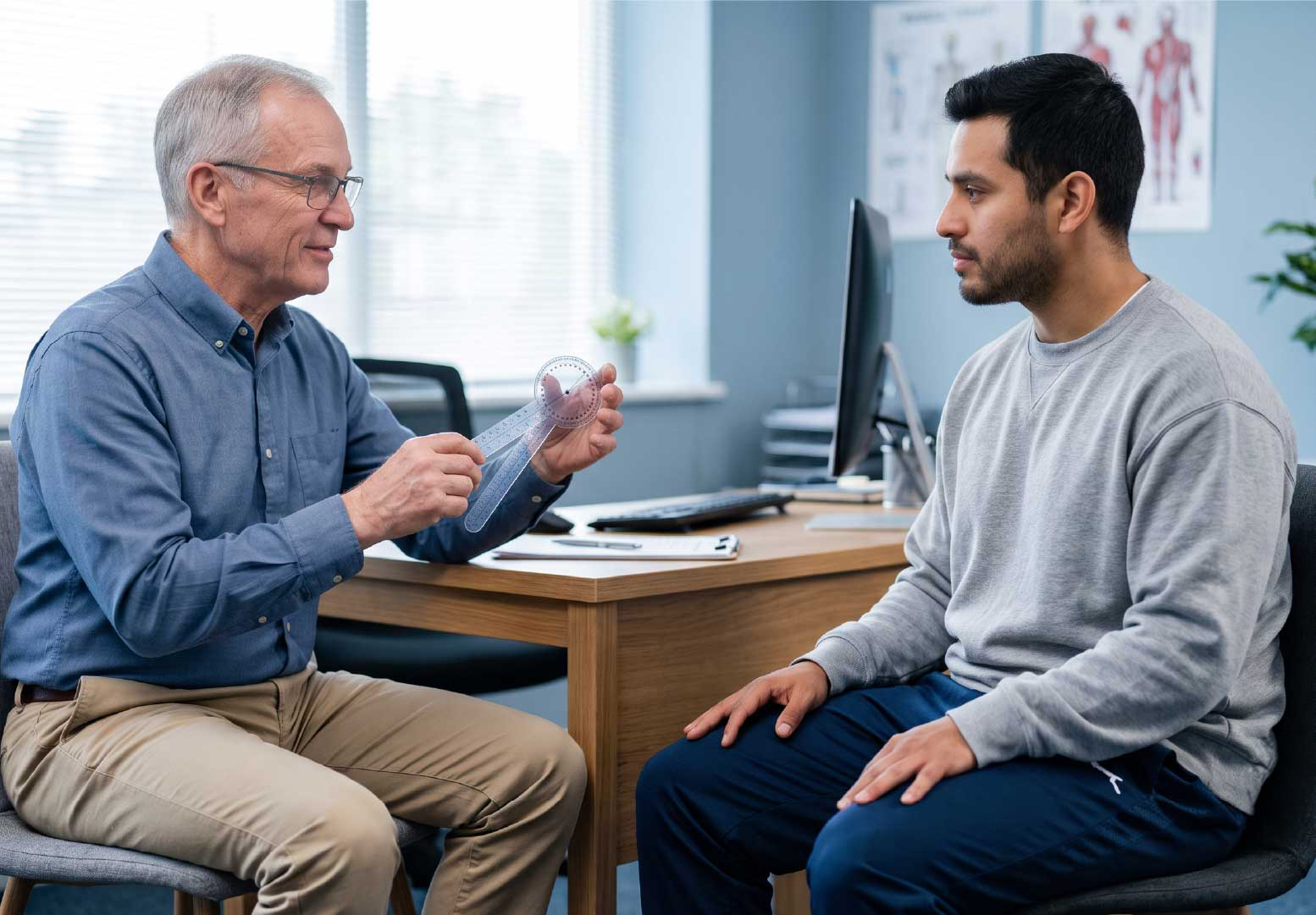 An older man in a blue shirt holds up a goniometer while speaking to a younger man sitting across from him in an office setting.