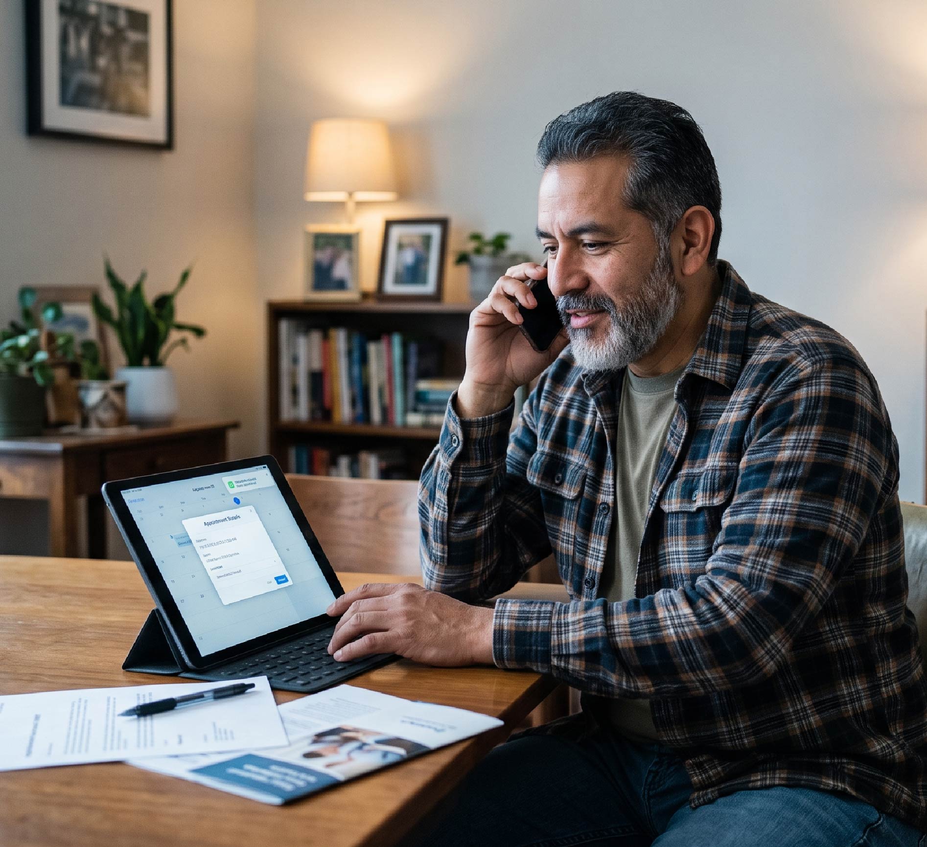 An injured worker sitting in a home setting, calmly reviewing appointment details on a tablet while speaking on the phone.