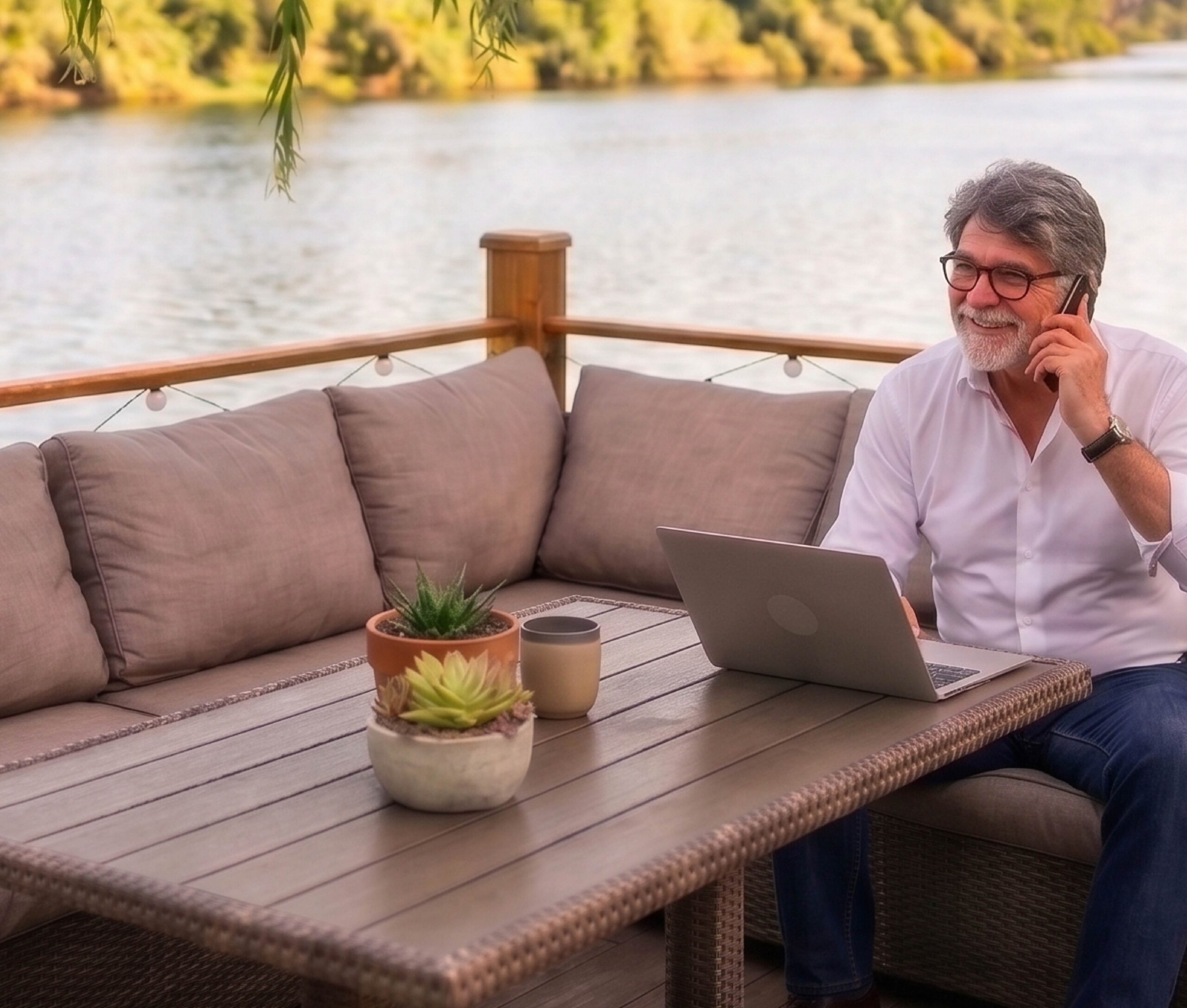 Man using a laptop outdoors with the message More support. Less Busywork.