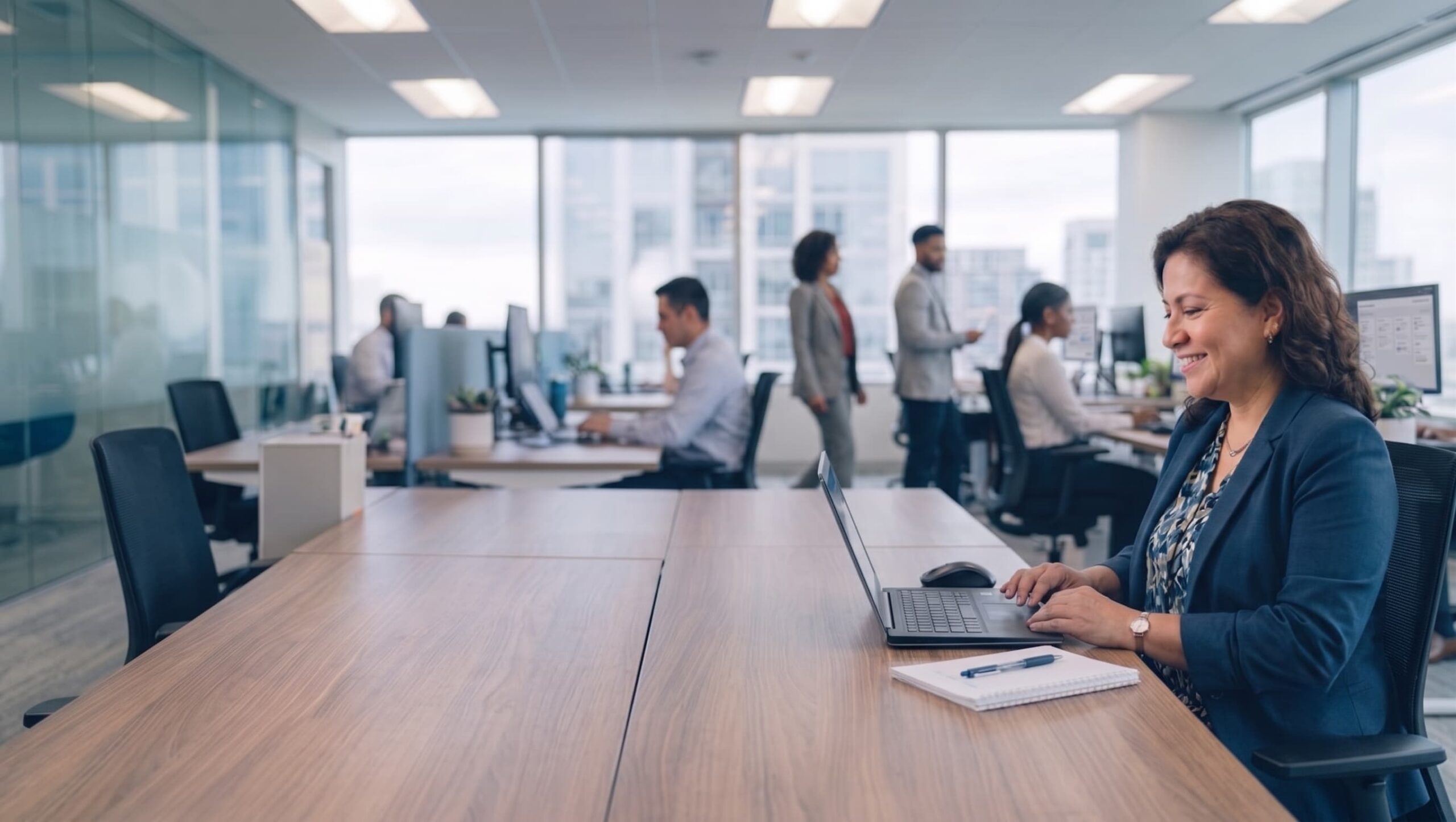 A woman in a blue blazer smiling and working on her laptop at a desk, with people and city views in a busy modern office