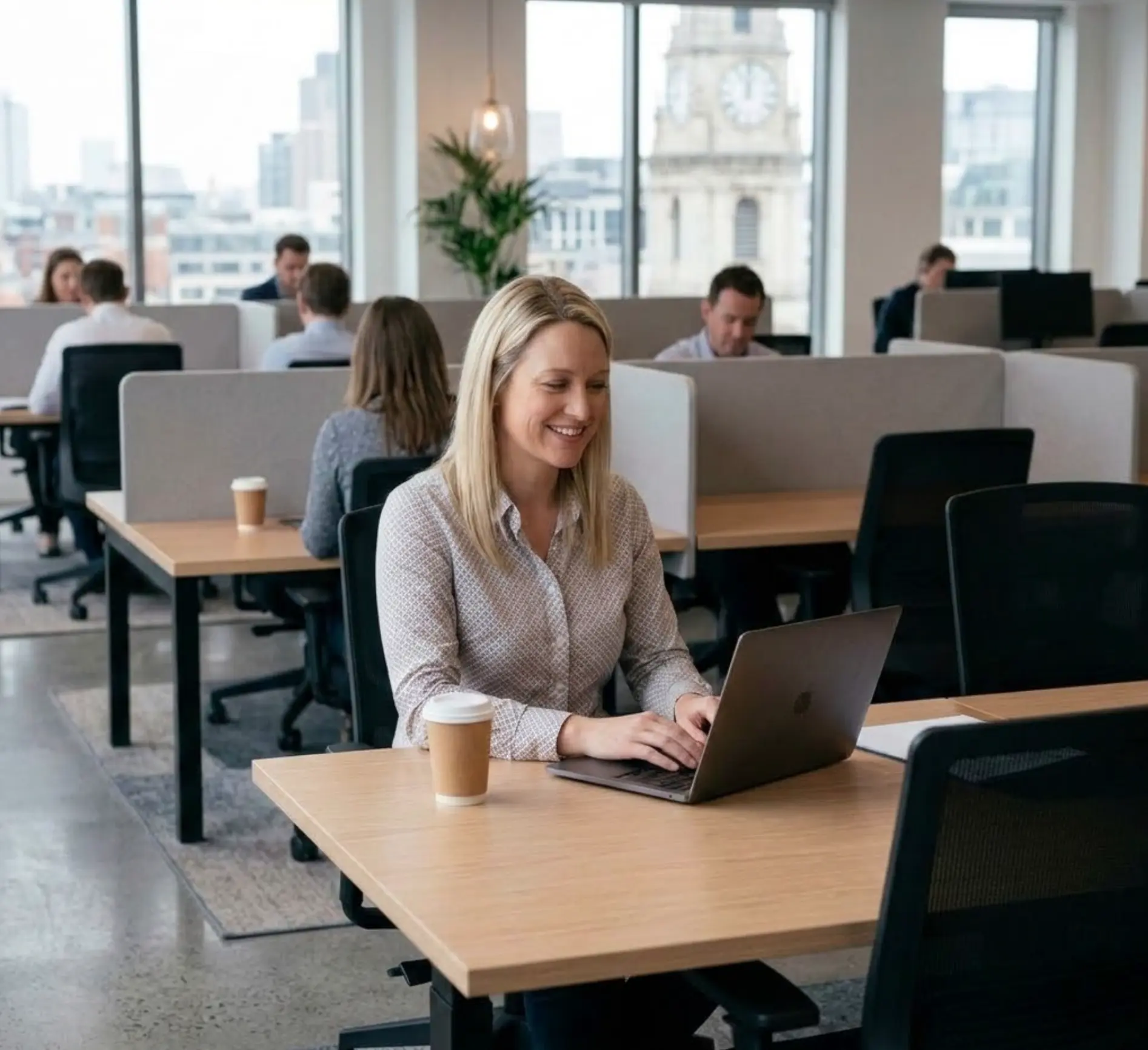 A blonde businesswoman smiling and typing on her laptop at a desk in a modern open-plan office with colleagues working in the background