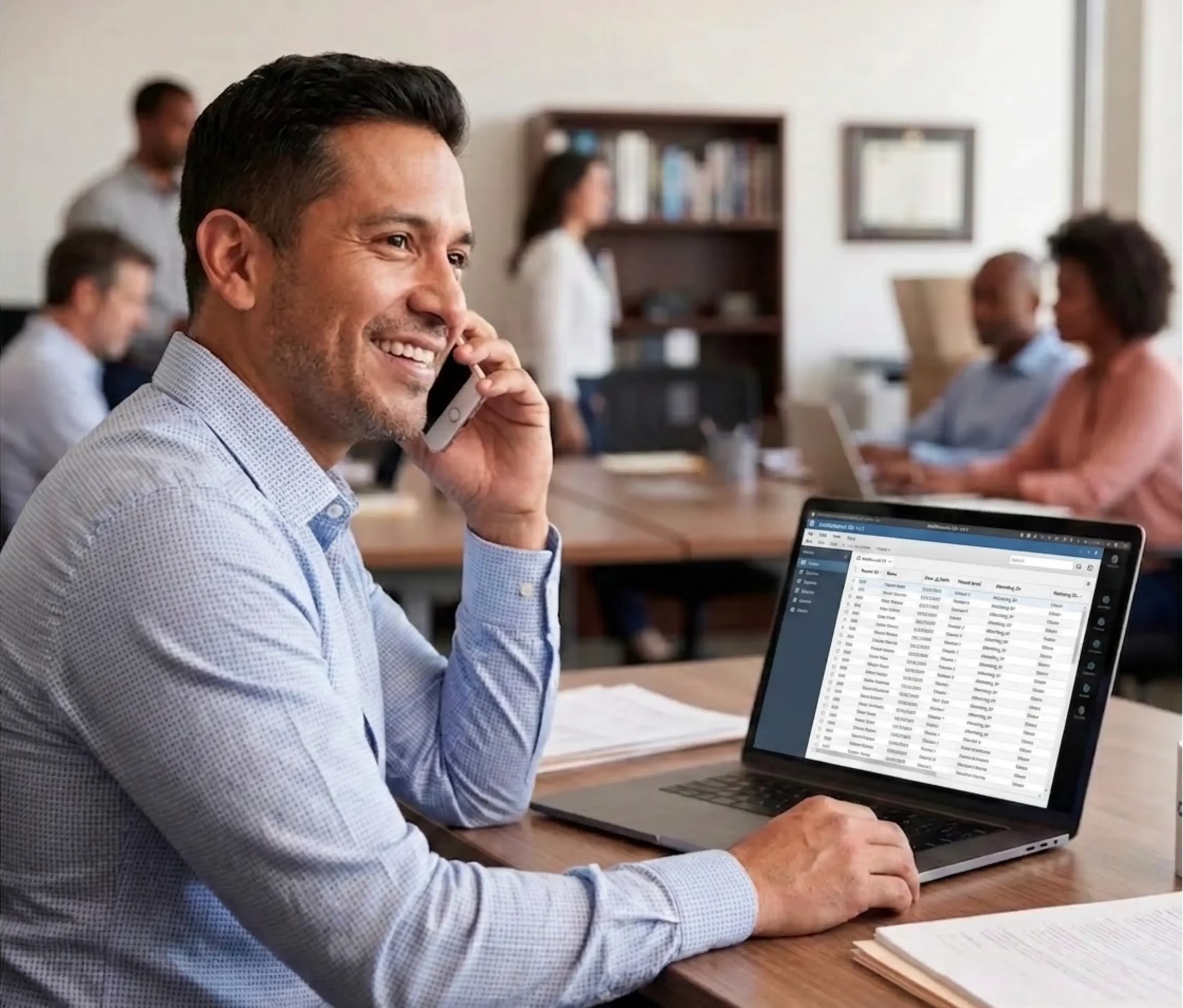 A smiling Hispanic businessman talking on his smartphone at a desk while looking at data on a laptop, with colleagues working in a blurred office background