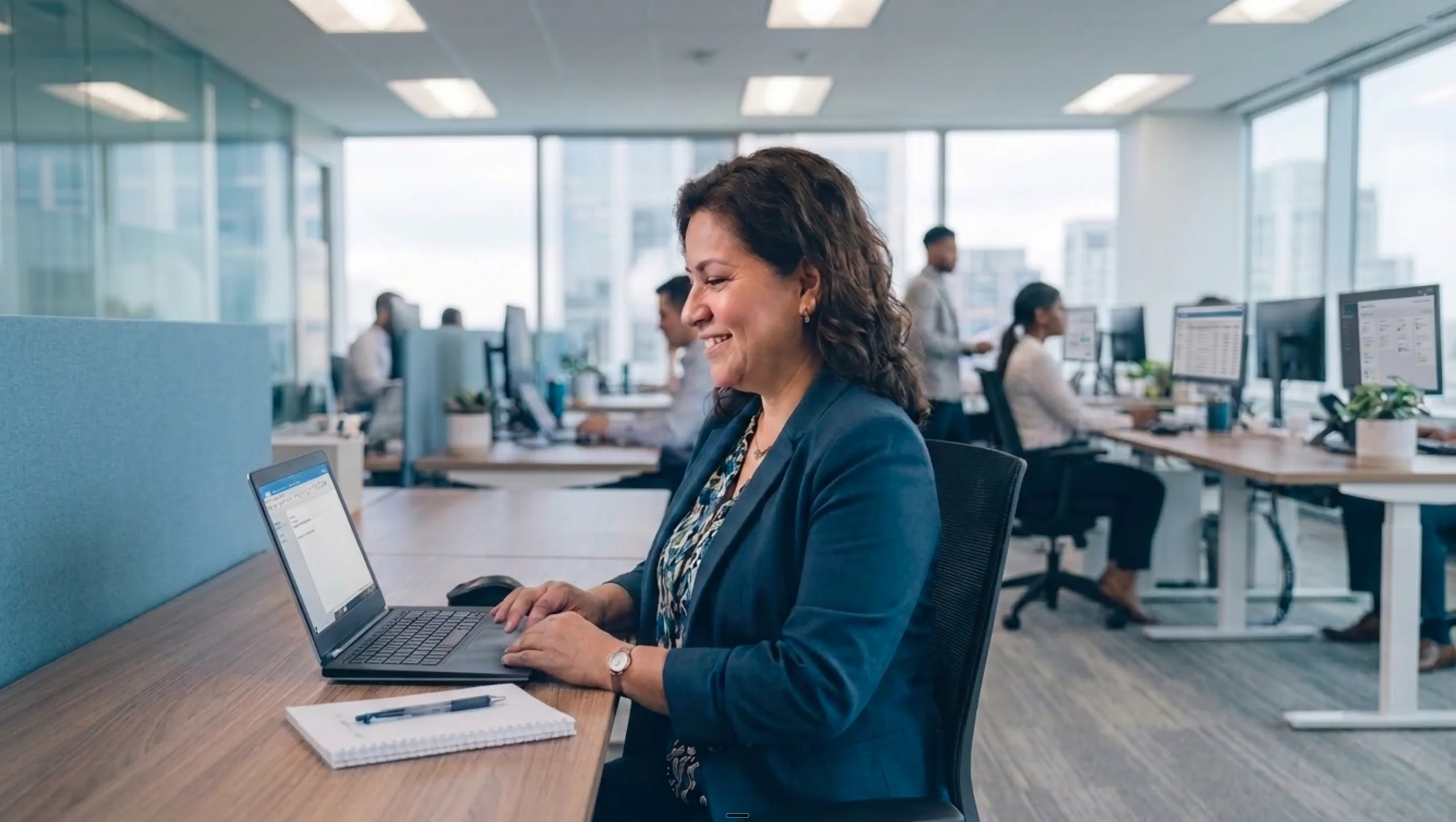 A woman in a blue blazer smiling and working on her laptop at a desk, with people and city views in a busy modern office